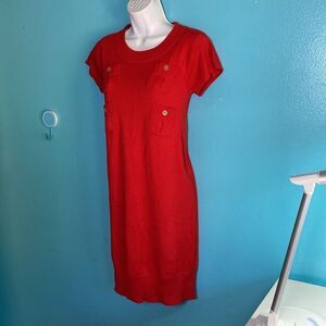Diane Von Furstenberg Size P Red Knit Dress “Beliz” Four Pocket Front Sheath